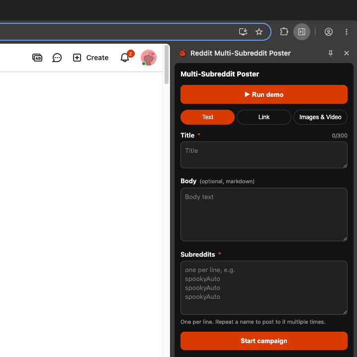 The Spooky Auto side panel: title, body, and a list of subreddits ready to post